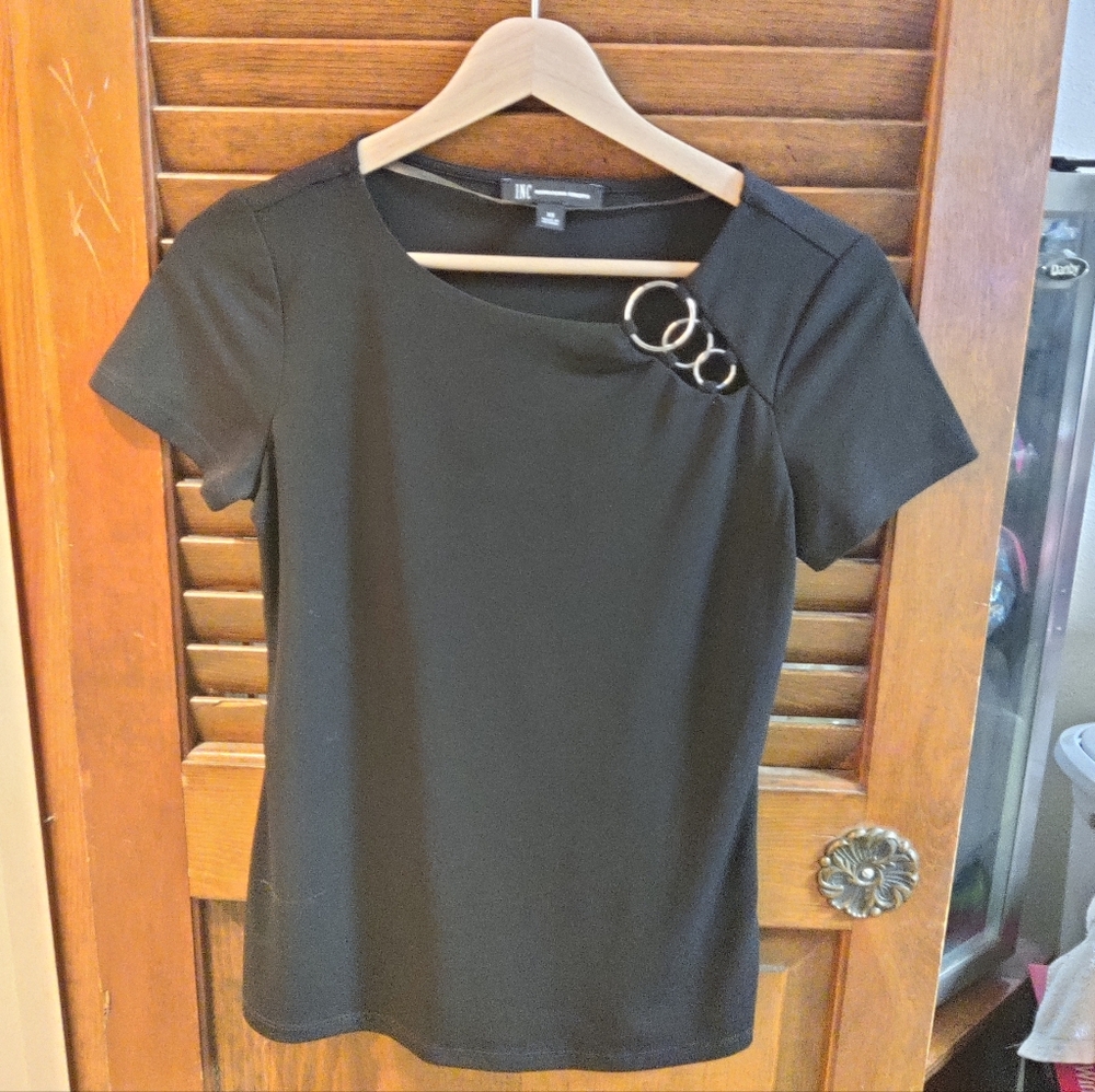 INC Womens Black Blouse, with ring adornment, lightweight top Size XS